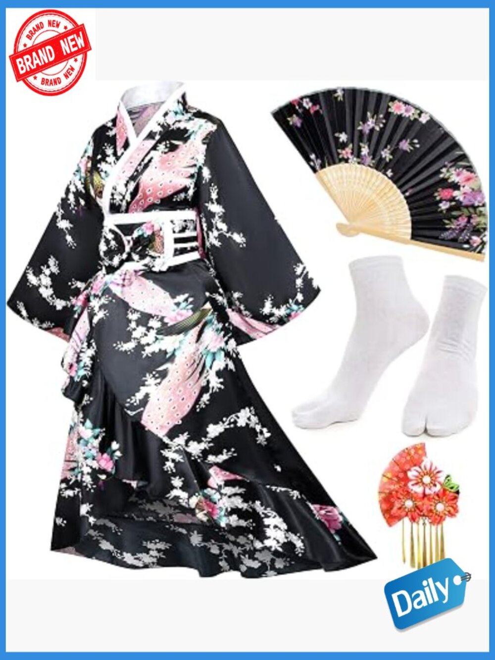 Women's Kimono Robe Yukata Sweet Tuxedo Ruffle Satin Bathrobe Sleepwear Set